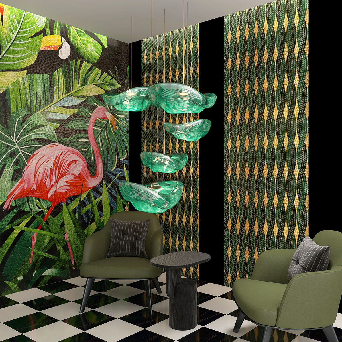Flamingo Glass Mosaic Mural on Wall in Public Lounge Area with Green Mosaic Tiles