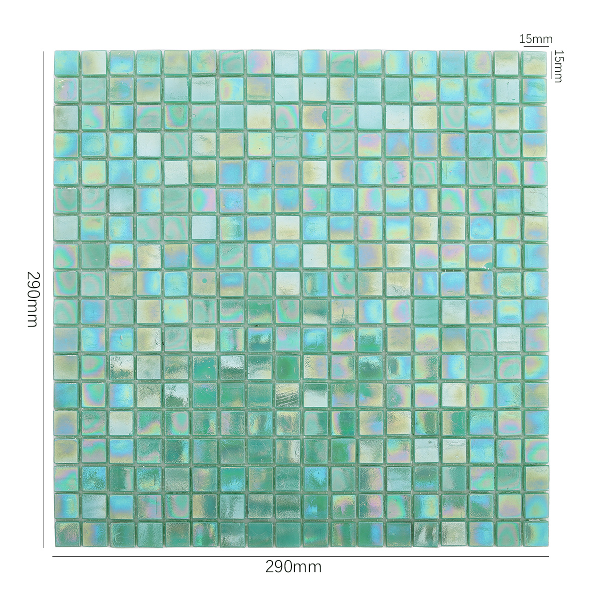 Front View of Iridescent Turquoise Glass Mosaic Tile with Dimensions Displayed