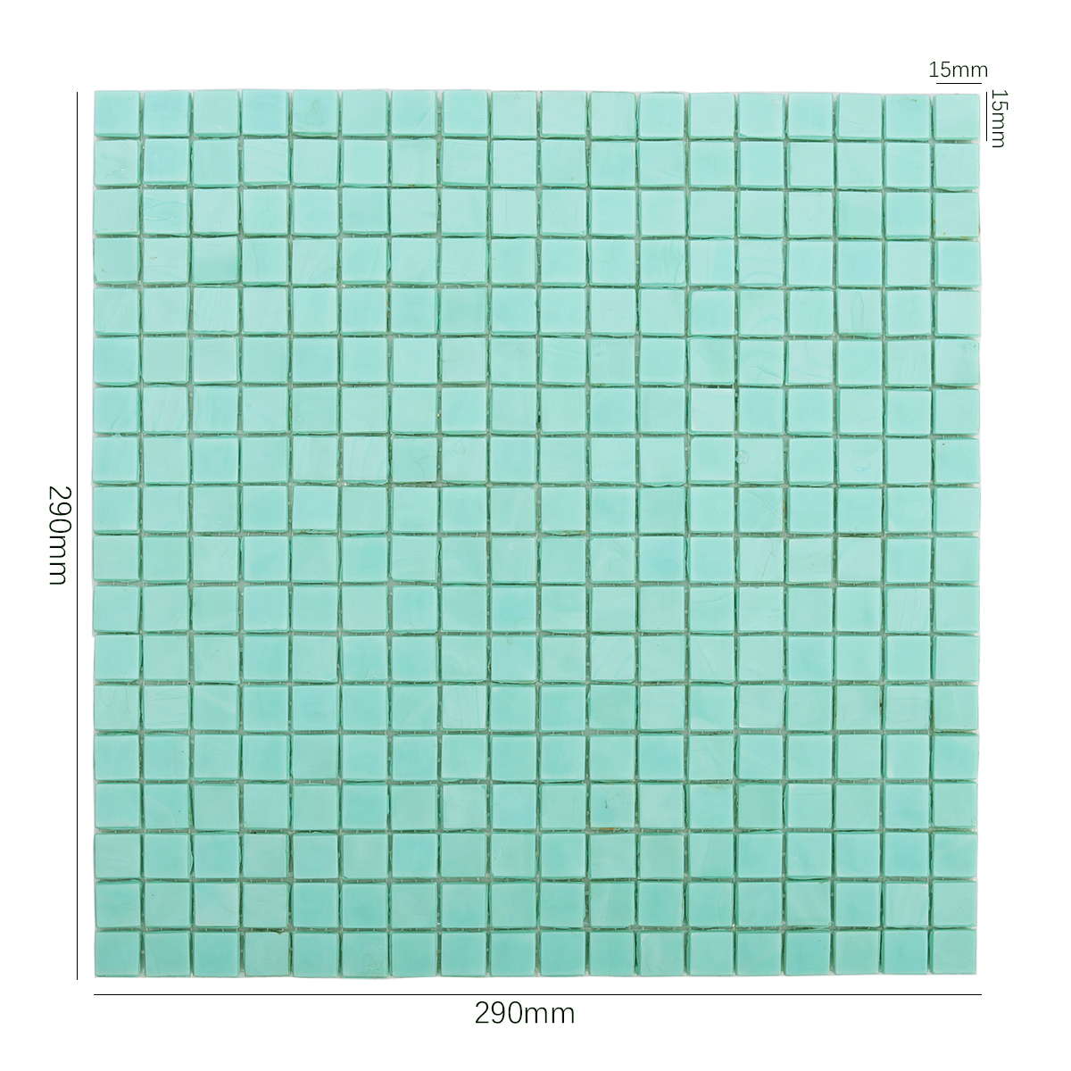 Front View of Teal Square Mosaic Tile with Dimensions Displayed