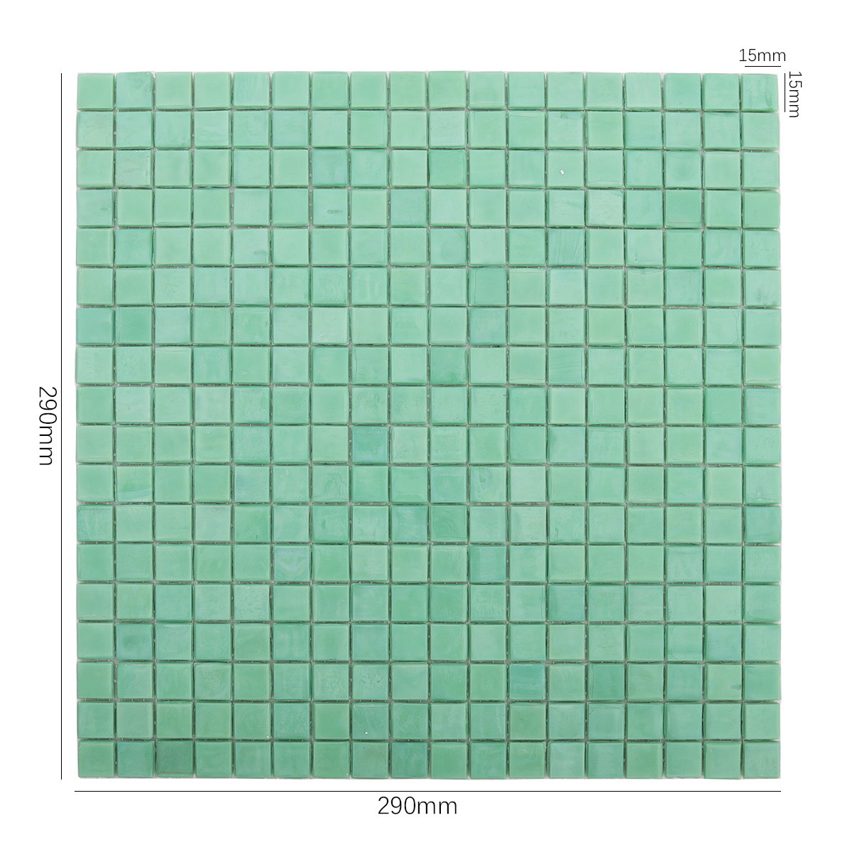 Front View of Mint Green Glass Mosaic Tile with Dimensions Displayed