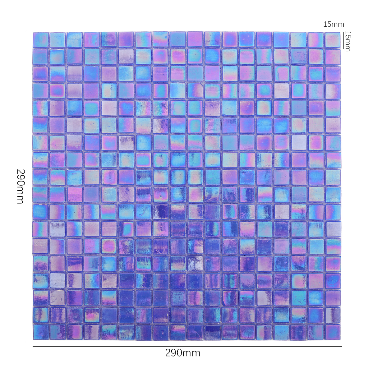 Front View of Reactive Blue Shiny Mosaic Tile with Dimensions Displayed