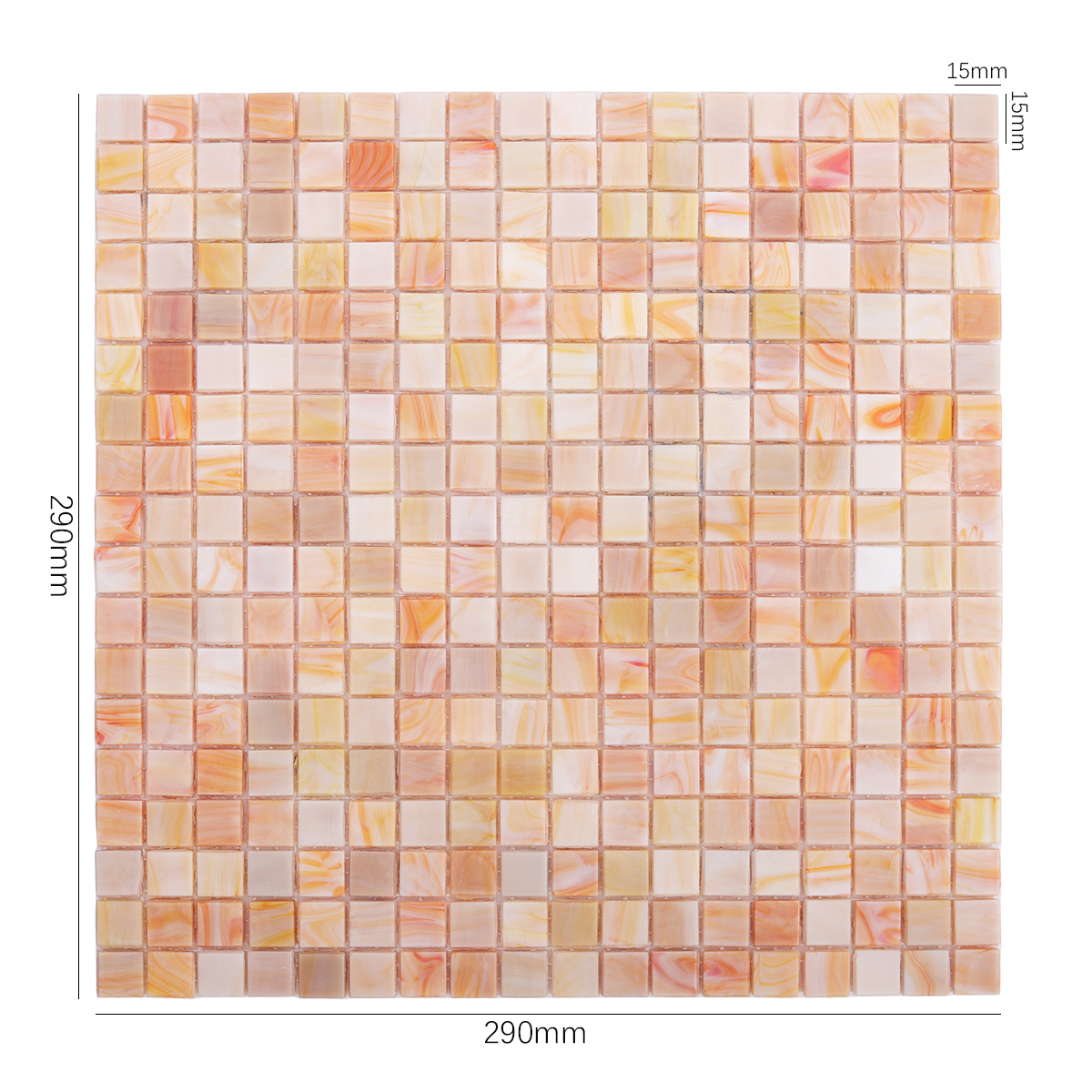 Front View of Light Orange Mosaic Tile with Dimensions Displayed