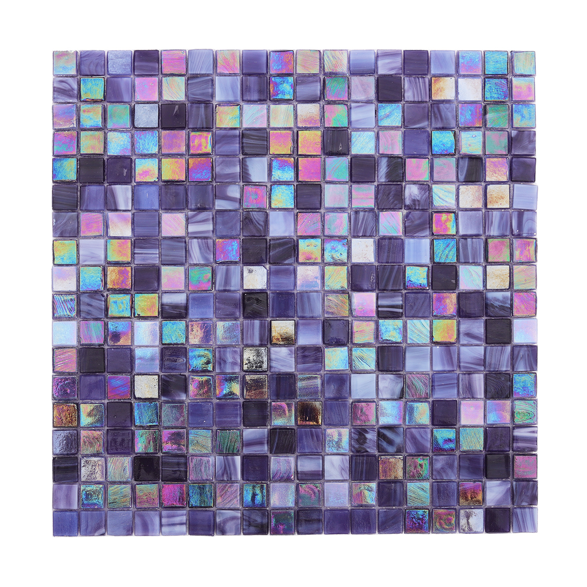 Front View of Violet Iridescent Deep Purple Square Glass Mosaic Tiles