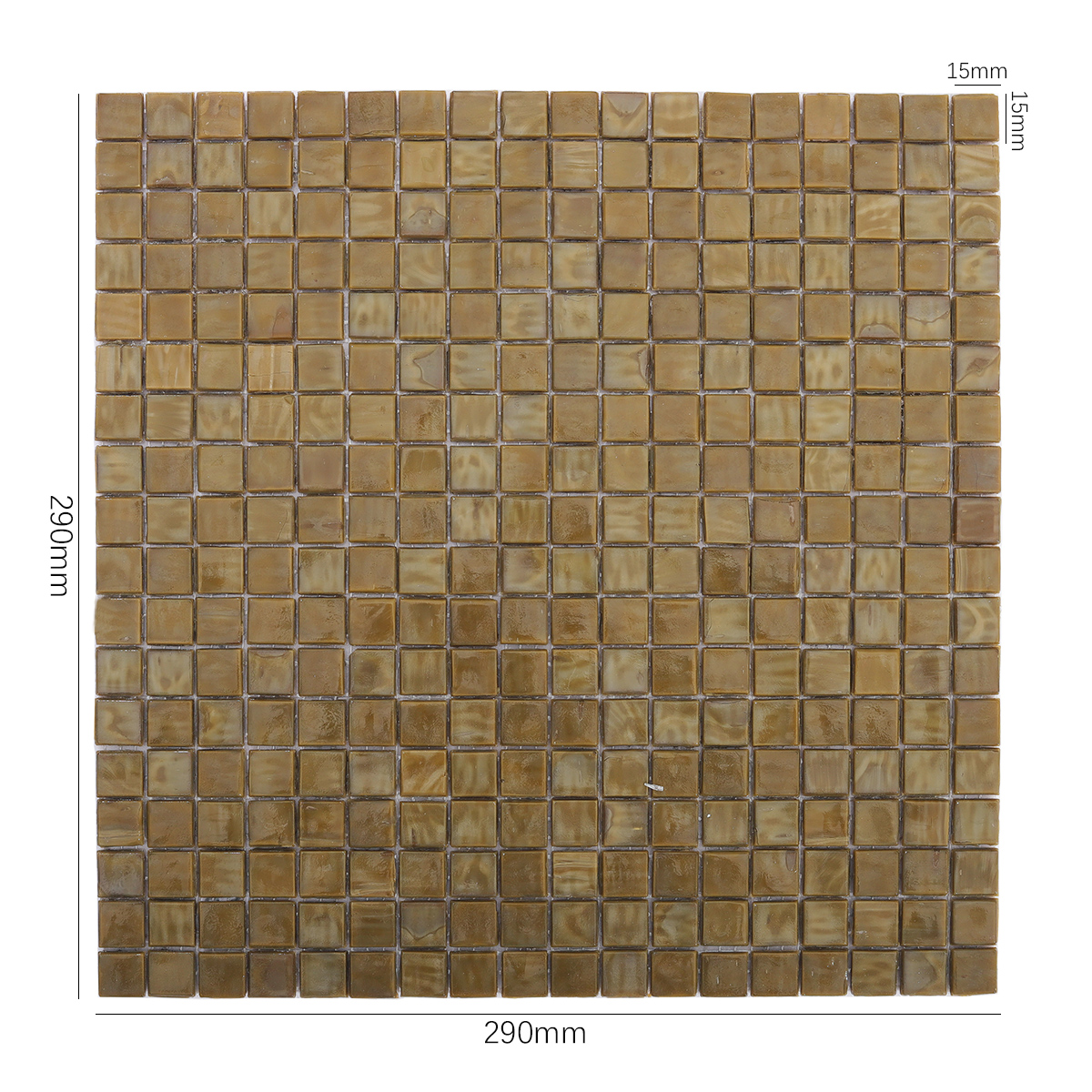 Front View of Brown Glass Square Mosaic Tile with Dimensions Displayed