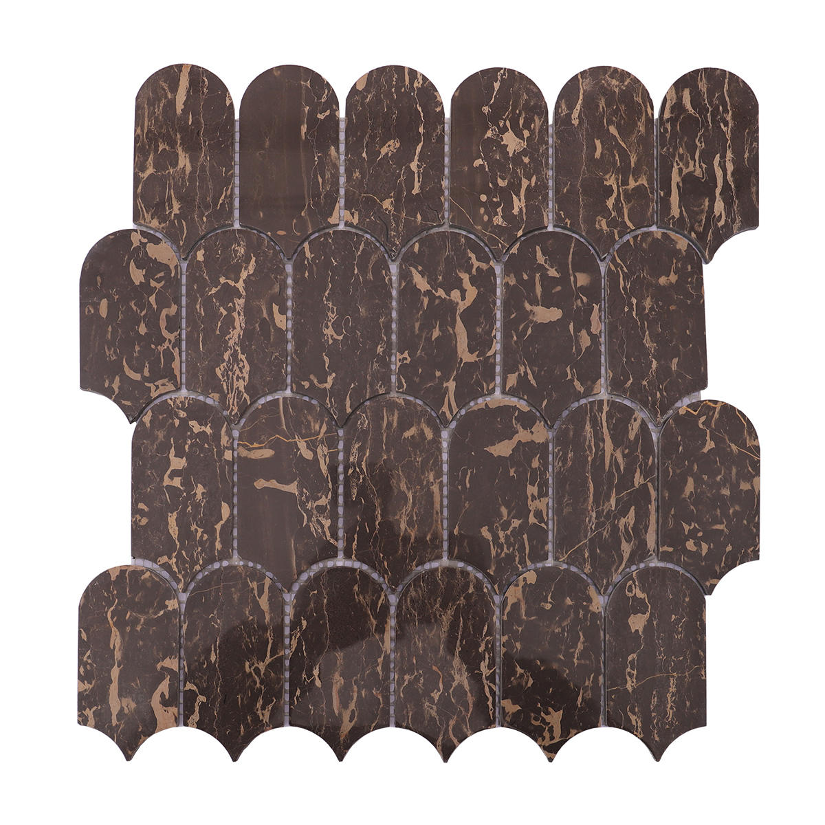 Full product view of dark marble mosaic tile with scallop shape and gold veins