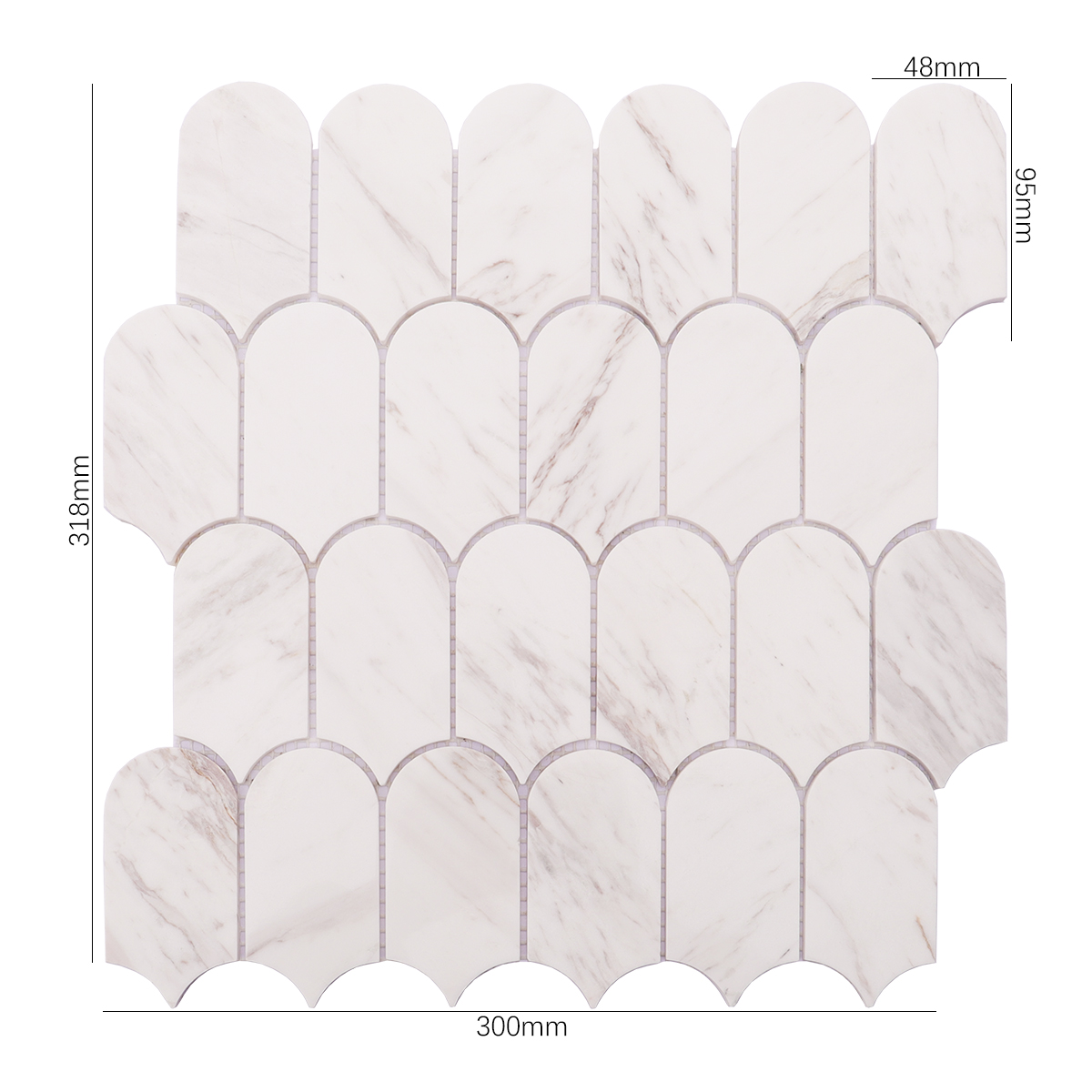 White marble mosaic tile with scallop shape, dimensions marked for reference