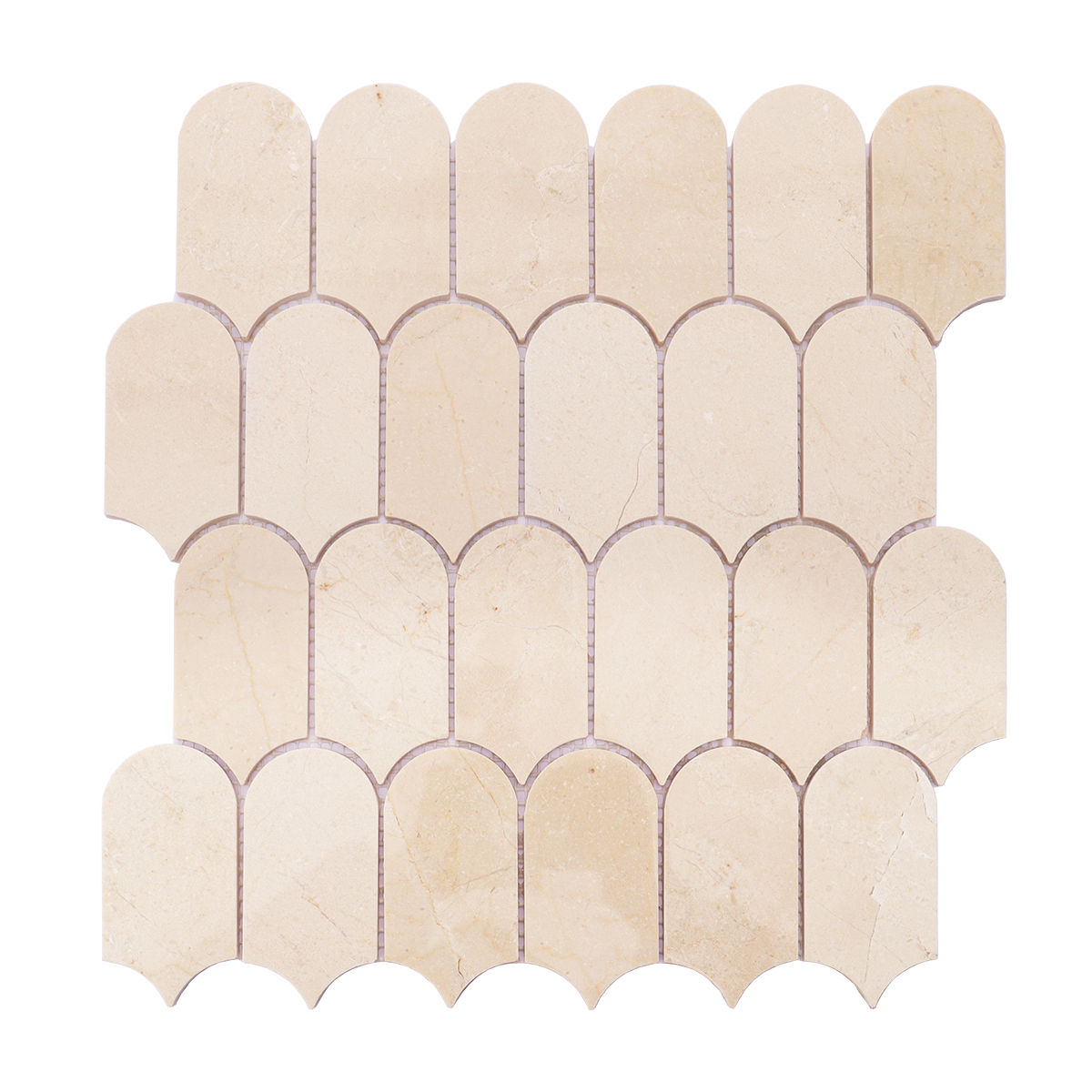 Full product display of beige marble mosaic tile with scallop shape and soft veins