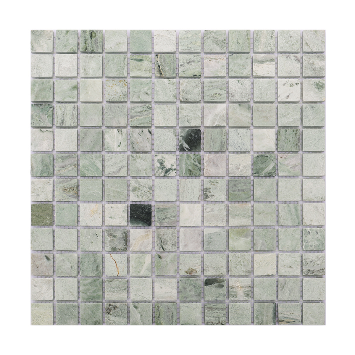 Full view of green marble square mosaic tiles with varied shades and textures