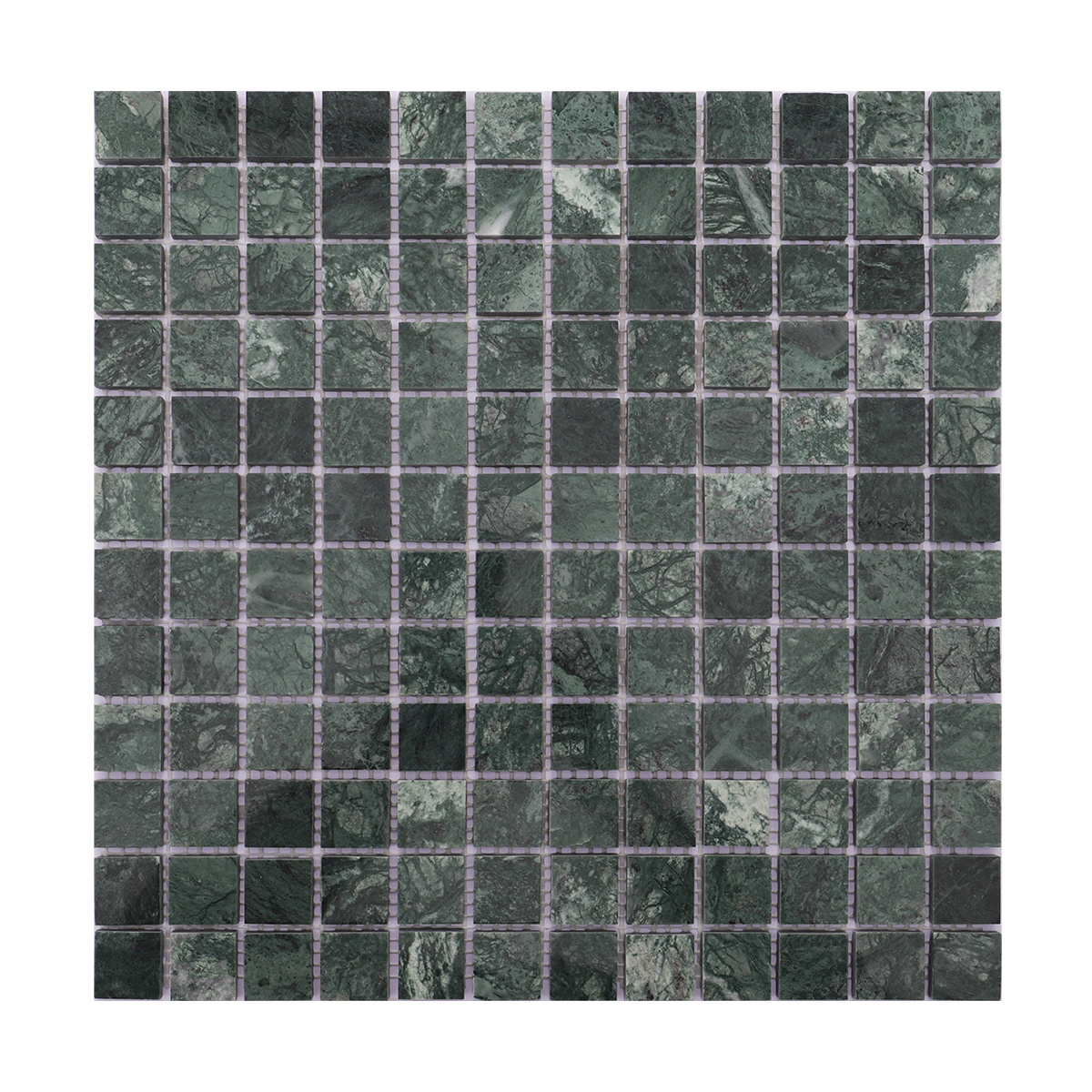 Full view of green marble square mosaic tiles with unique veining and shades of green.