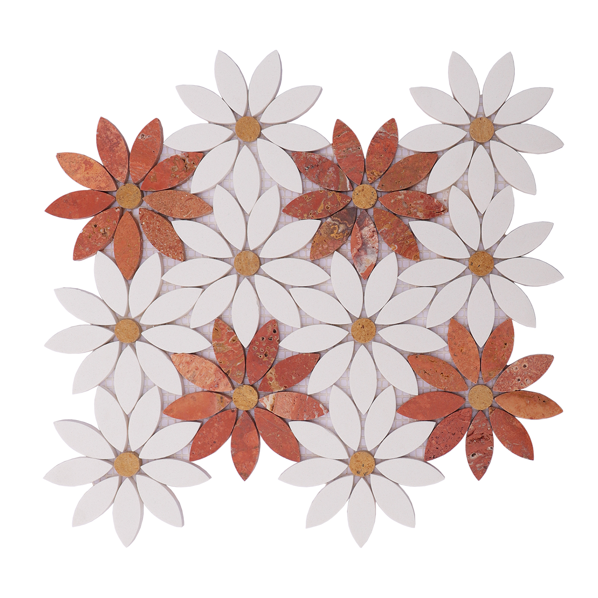 Full view of white and red stone flower mosaic tile with white petals and red stone leaves