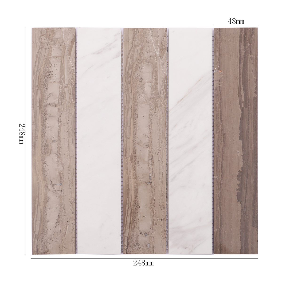 Full view of beige marble mosaic tiles with dimensions