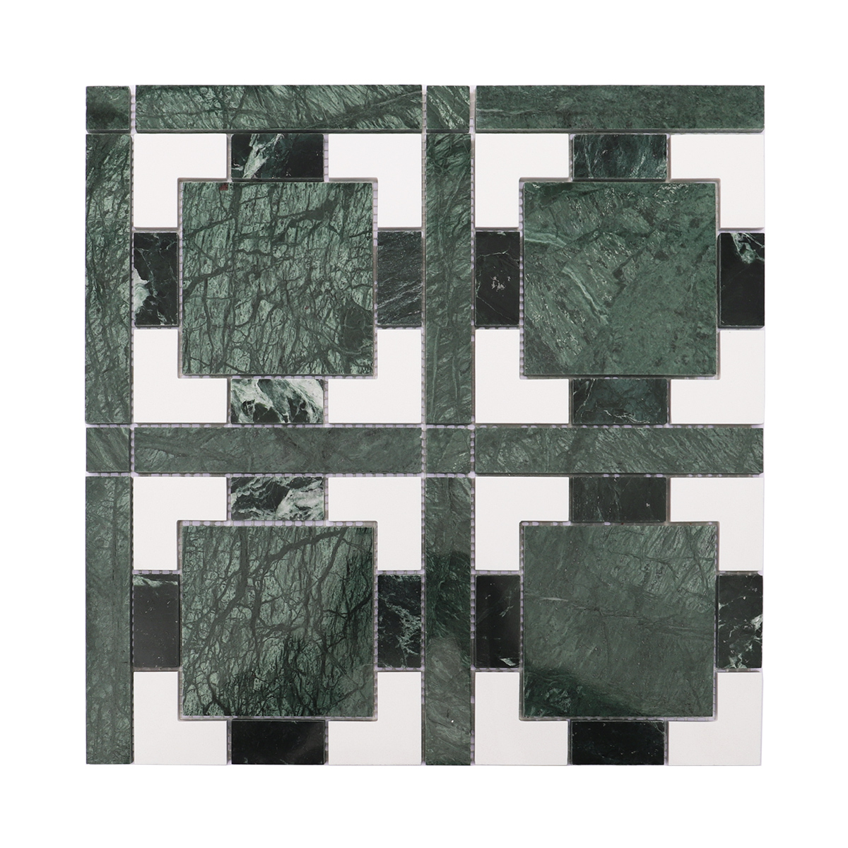 Full view of geometric pattern stone mosaic with vibrant green and white color contrast