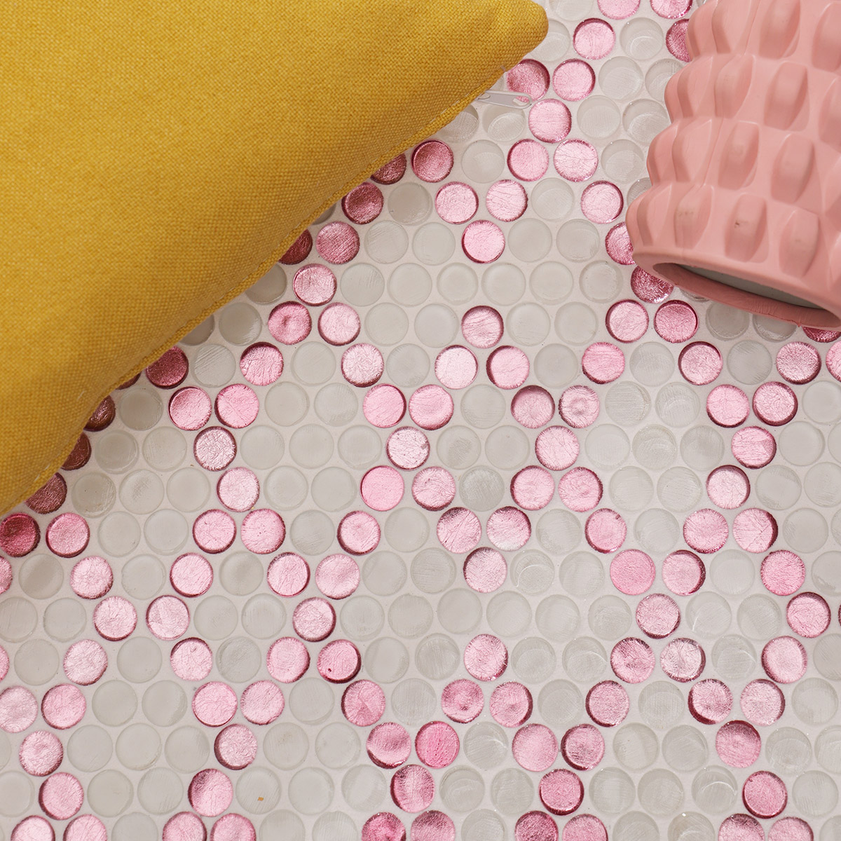 White and Pink Round Glass Diamond Geometric Pattern Mosaic Tiles