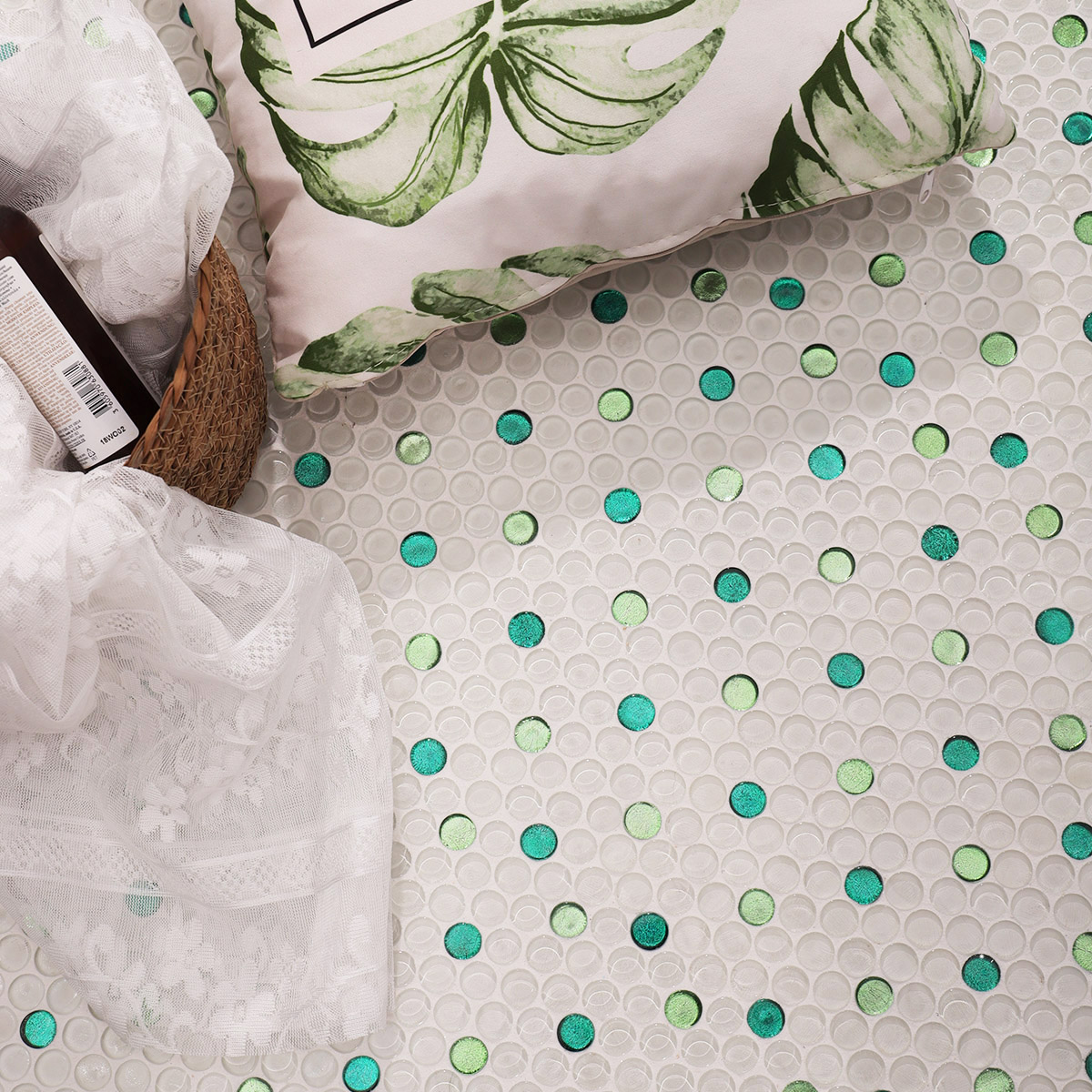 White Mix Green Penny Round Glossy Glass Mosaic Tiles