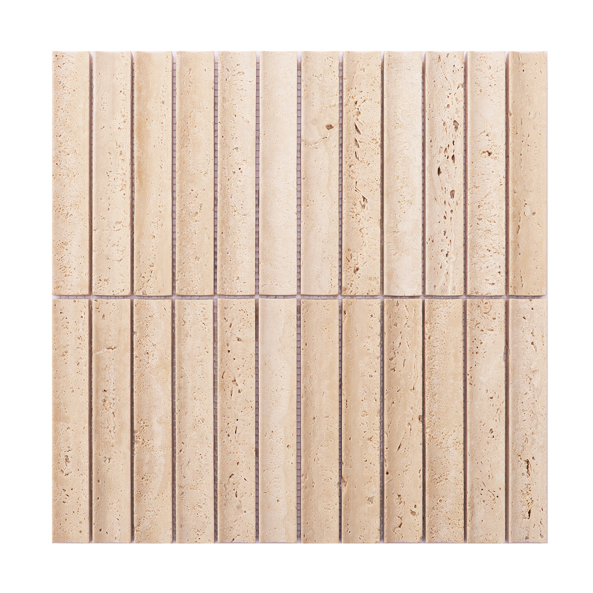 Full view of beige travertine mosaic tile sheet