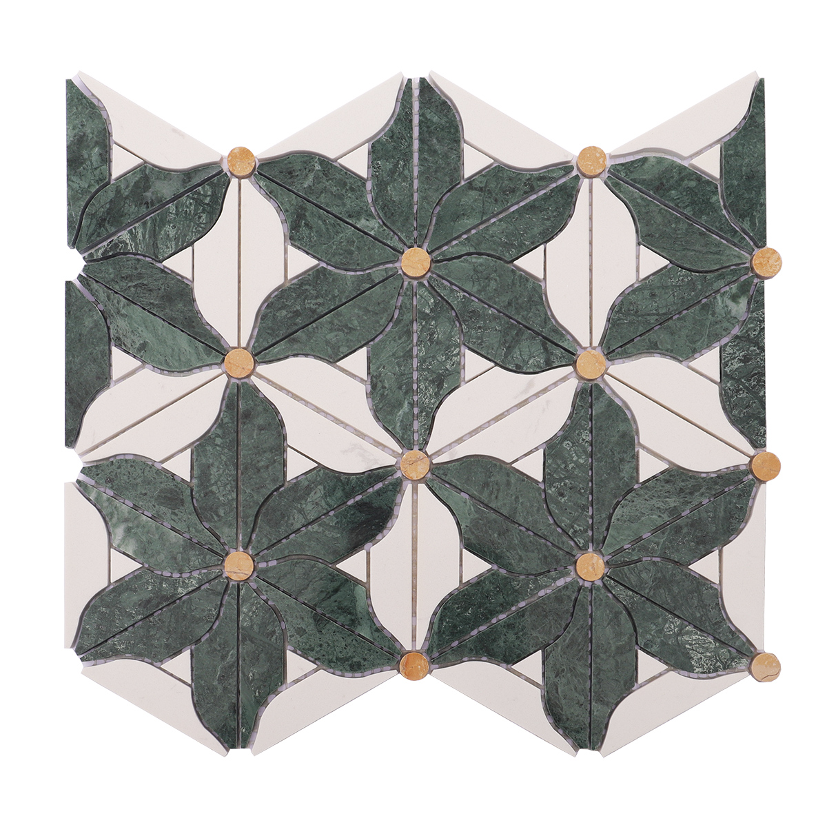 Full view of the green and white marble flower mosaic tiles