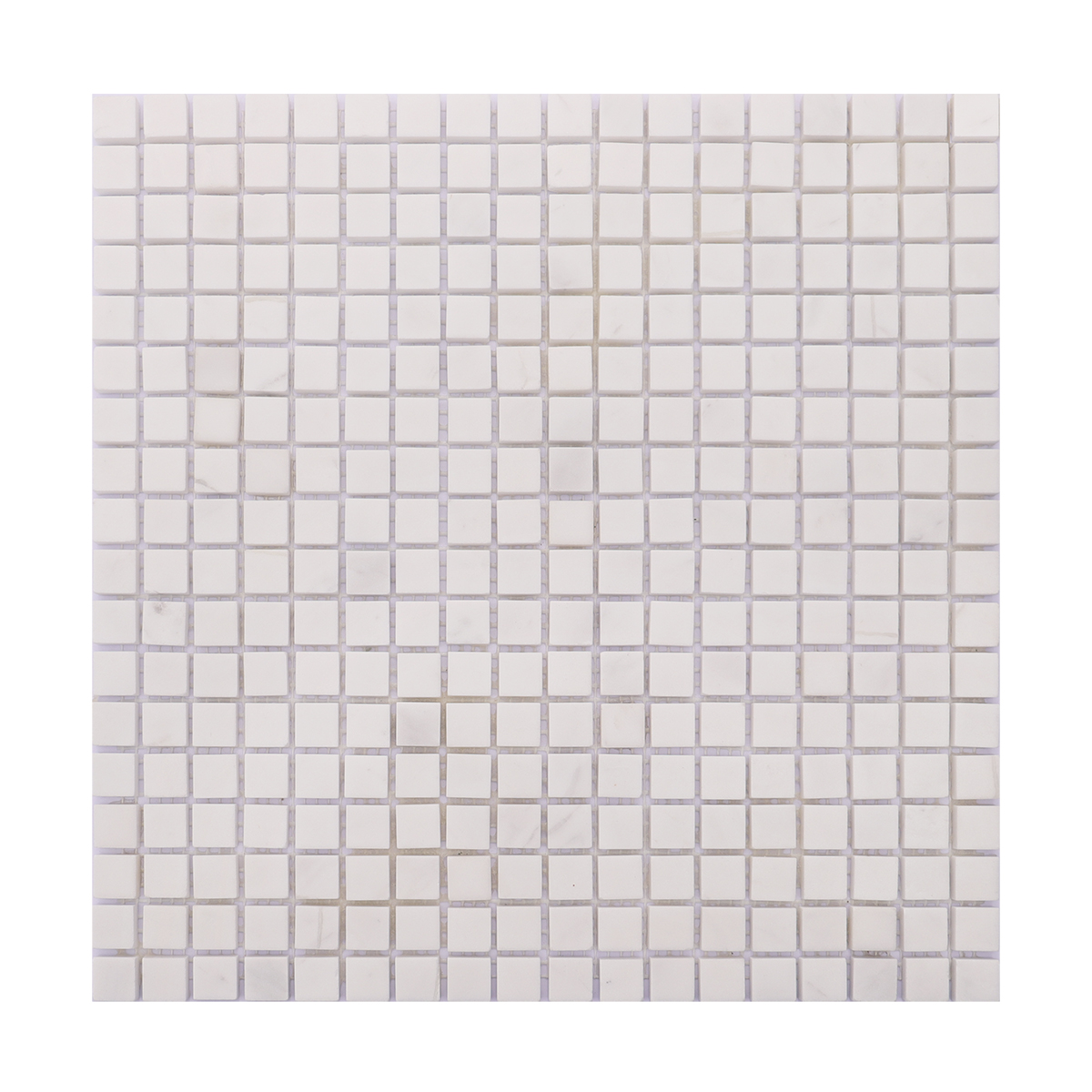 Full view of small square white polished marble mosaic tiles.
