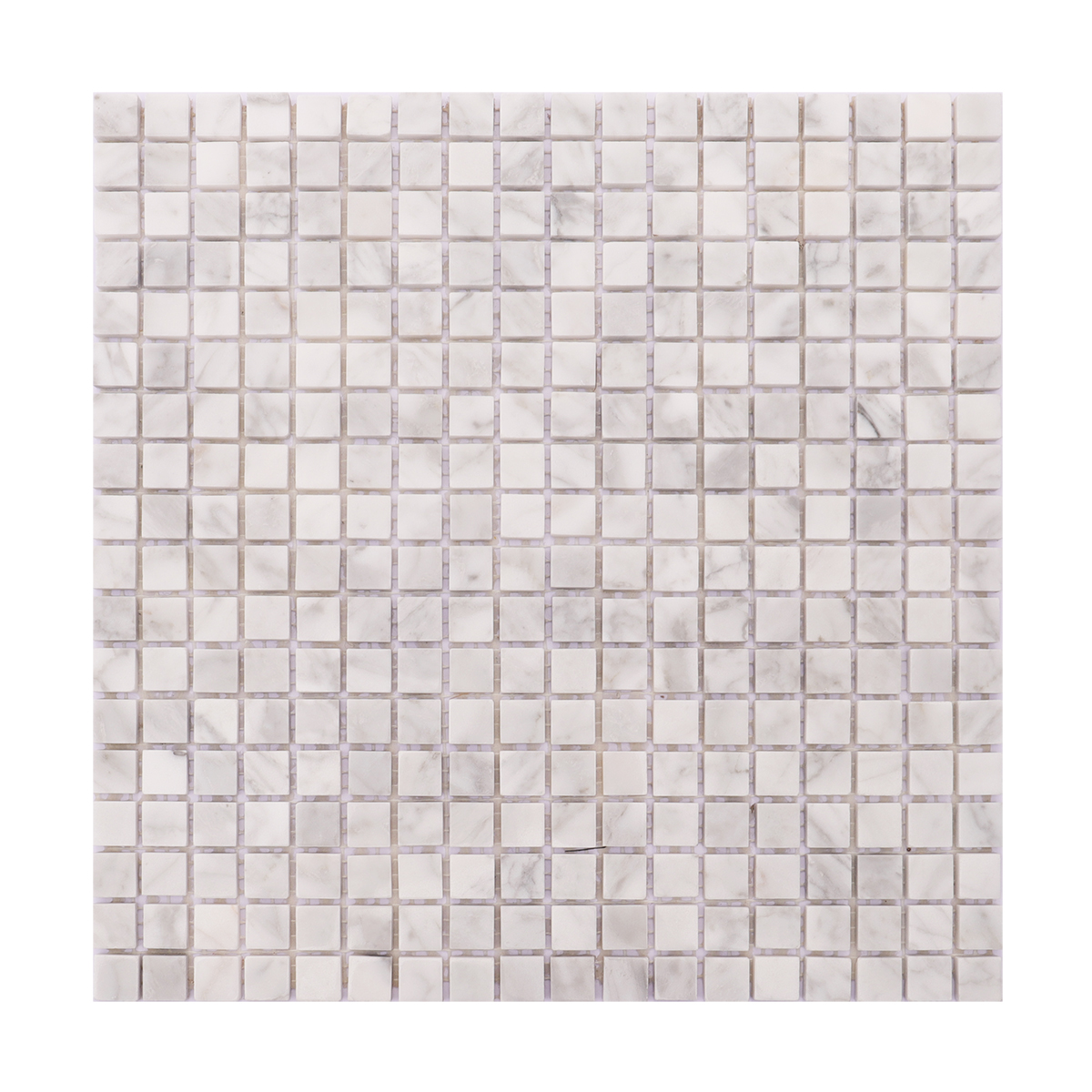 Full view of Carrara white honed marble square mosaic tiles.