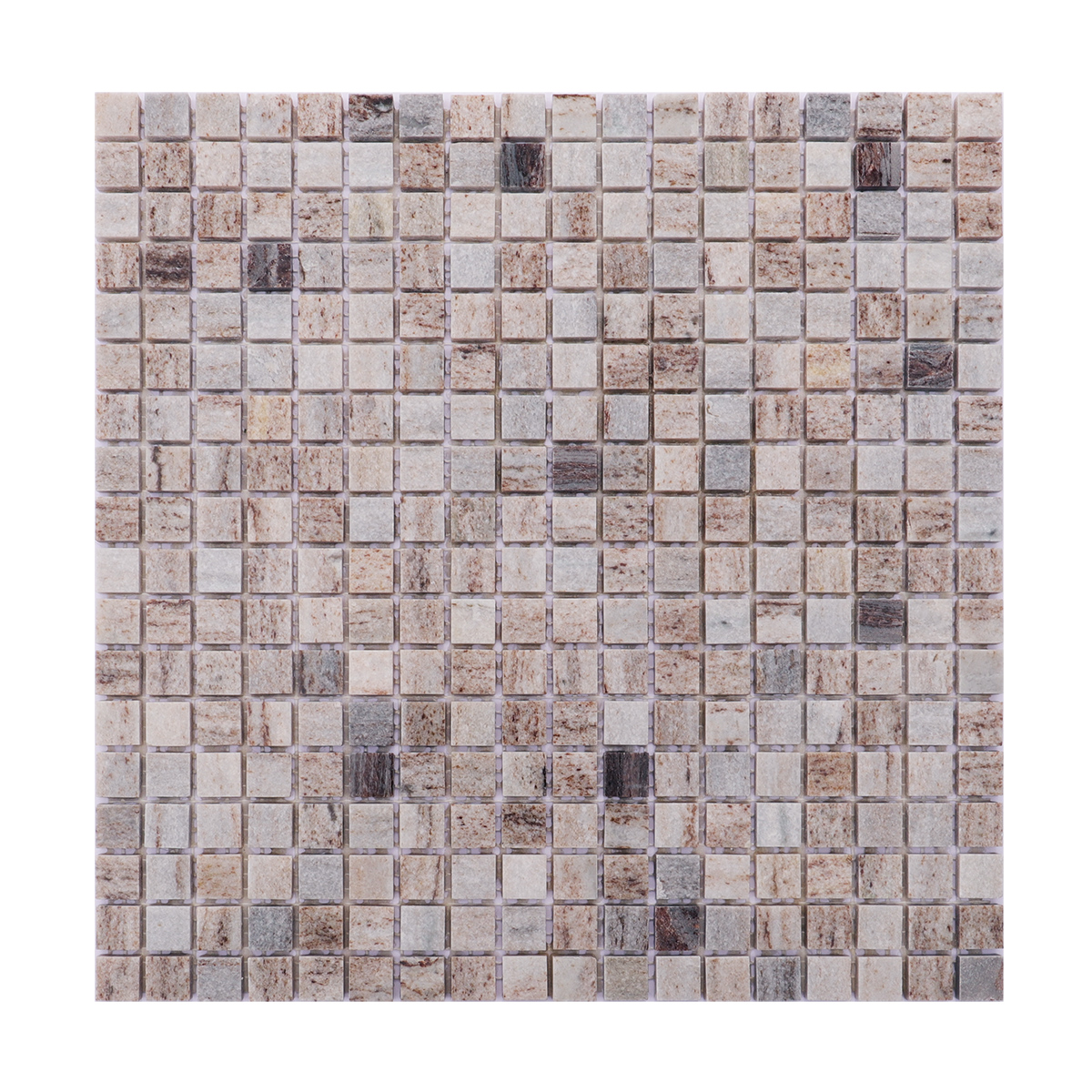 Full view of gray wooden square honed marble mosaic tiles