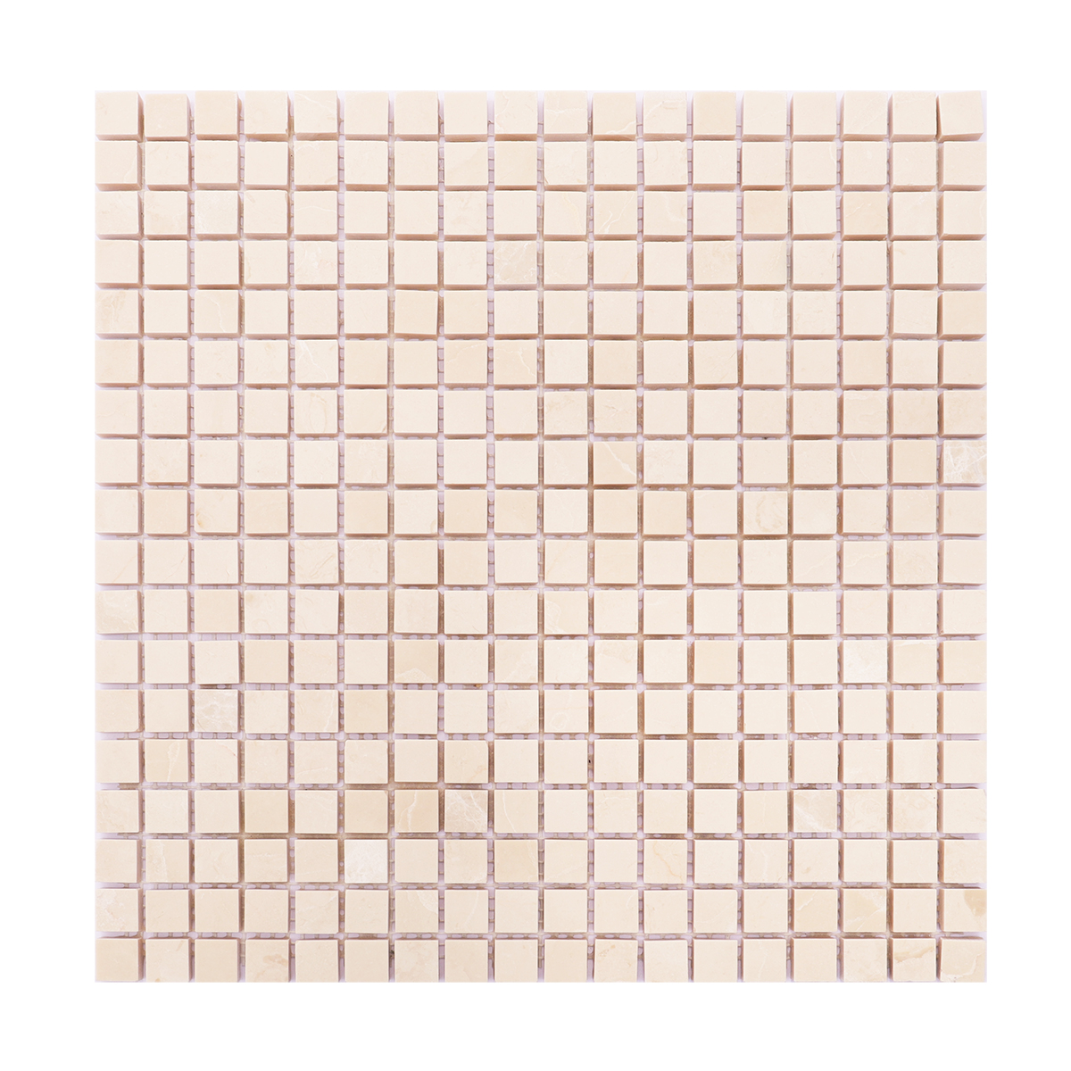 Full view of beige square polished marble backsplash mosaic tiles.