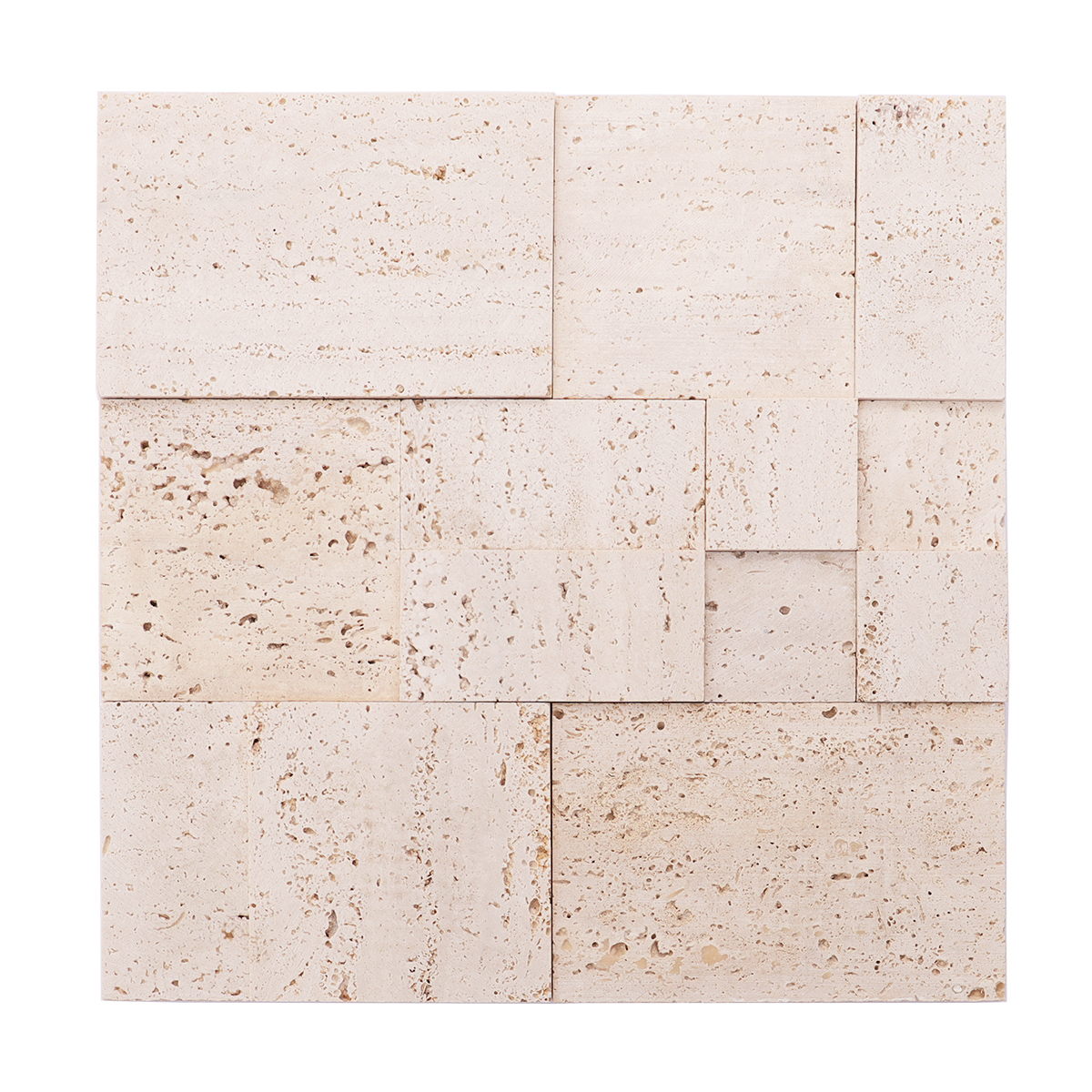 Full view of beige square 3D natural stone travertine mosaic wall tiles