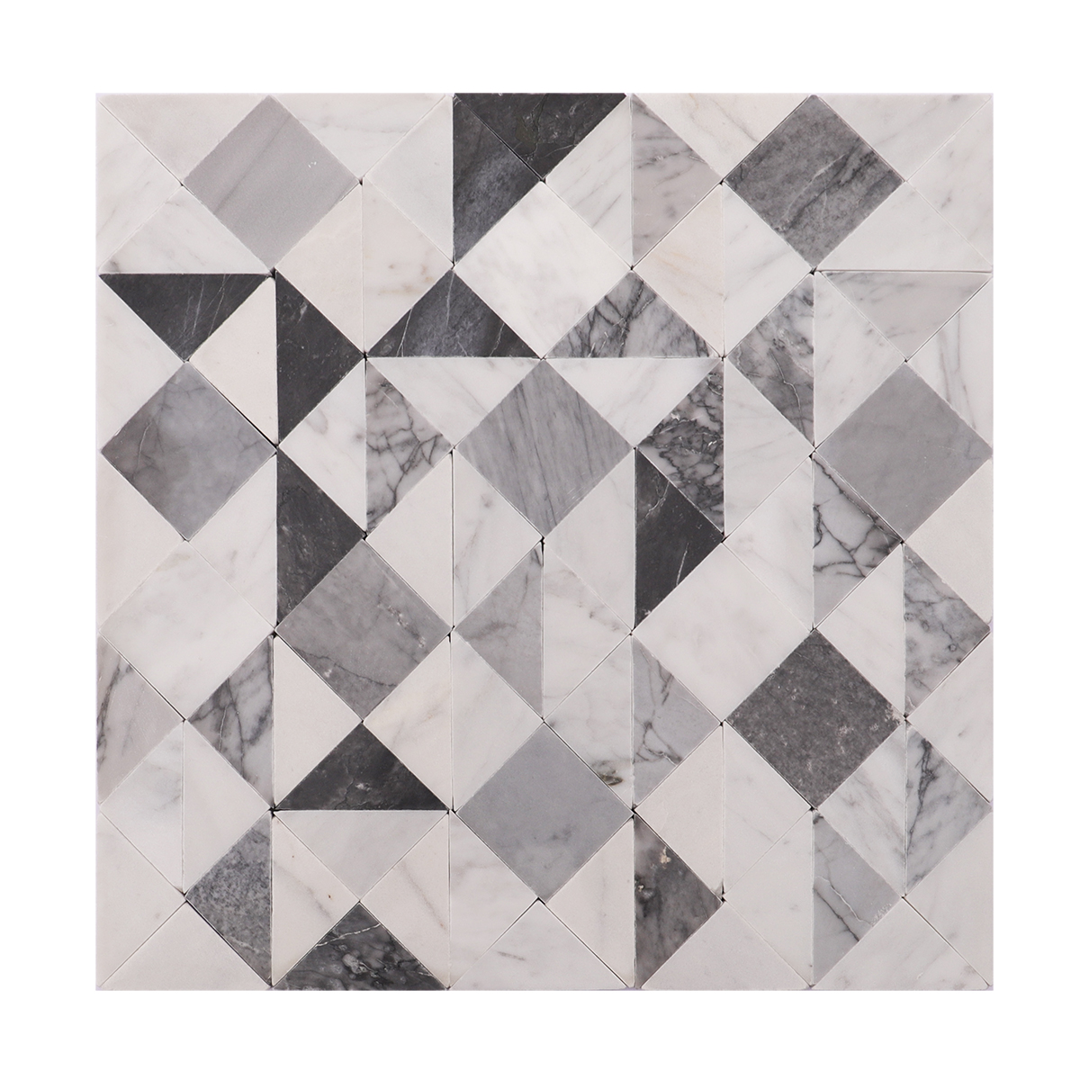 Full view of grey and white geometric triangle honed marble mosaic tiles.
