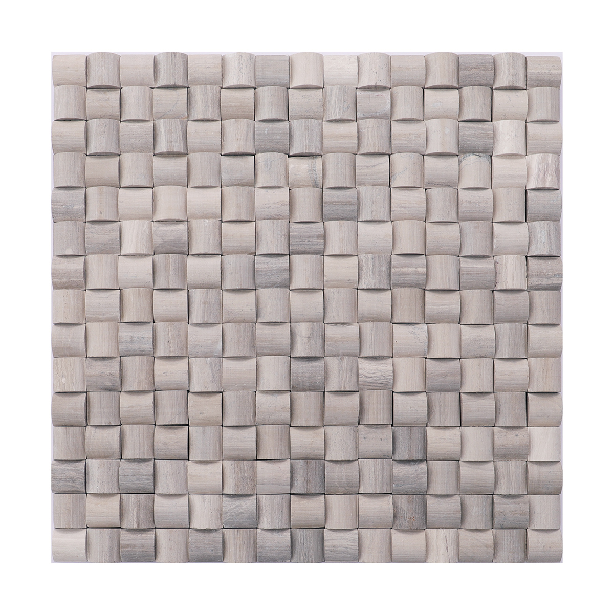 Full view of 3D gray bread curved square marble mosaic tiles
