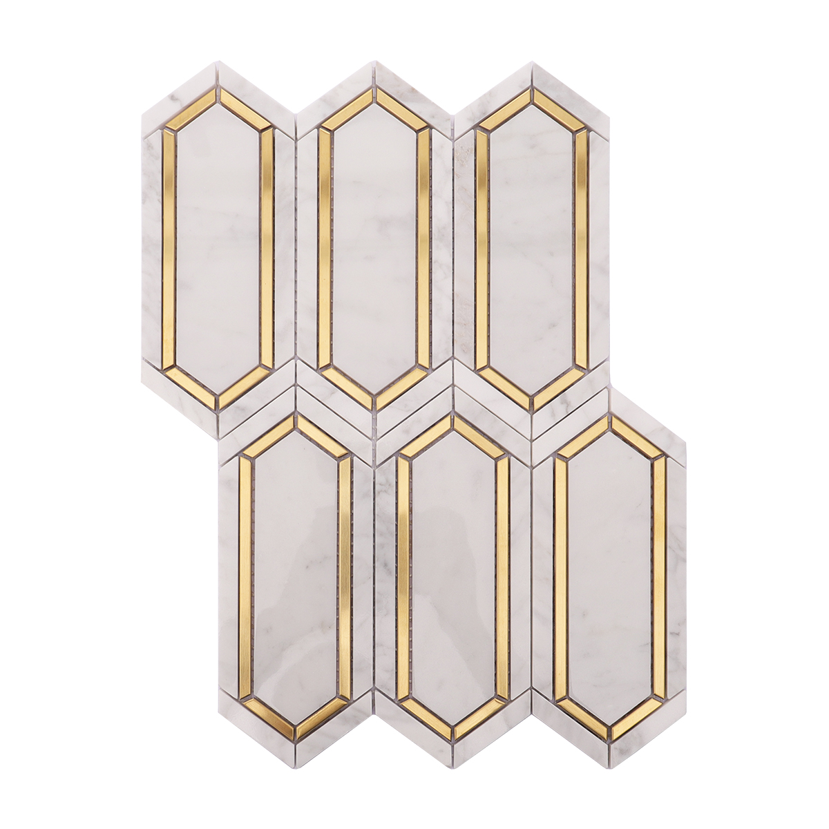 Full view of Carrara white and gold metal picket marble mosaic tiles.