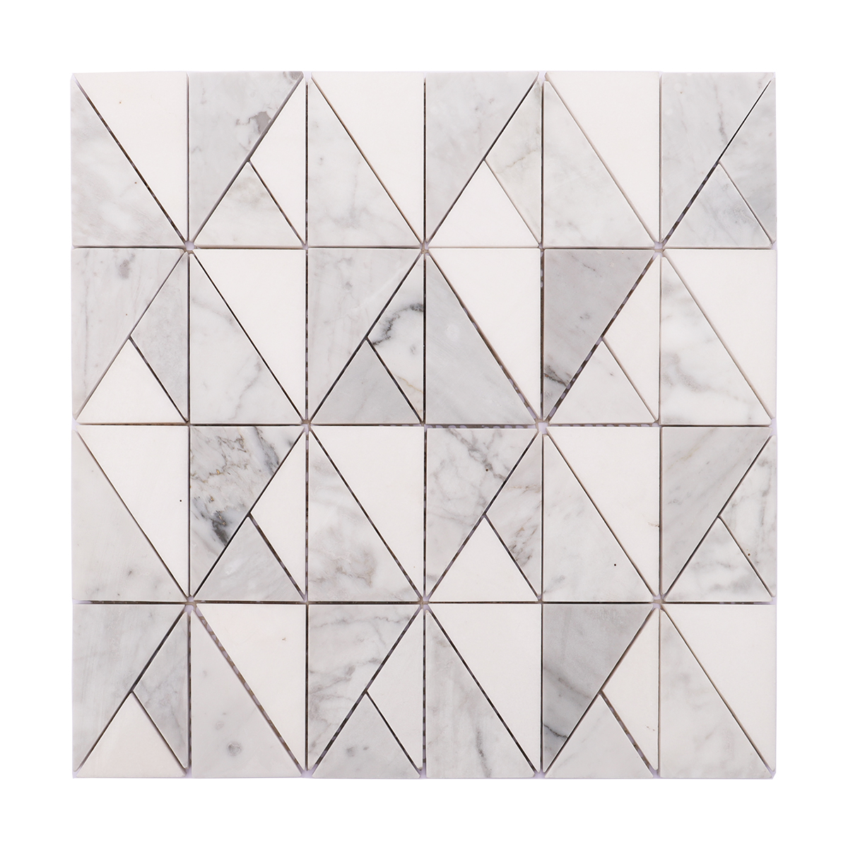 Full view of Carrara marble triangle geometric mosaic tiles.