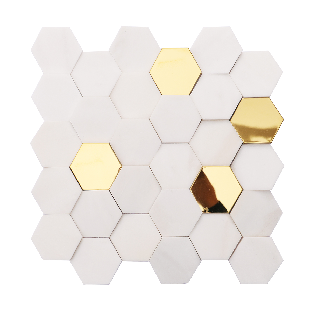 Full view of white marble and gold metal 3D hexagon mosaic tiles.
