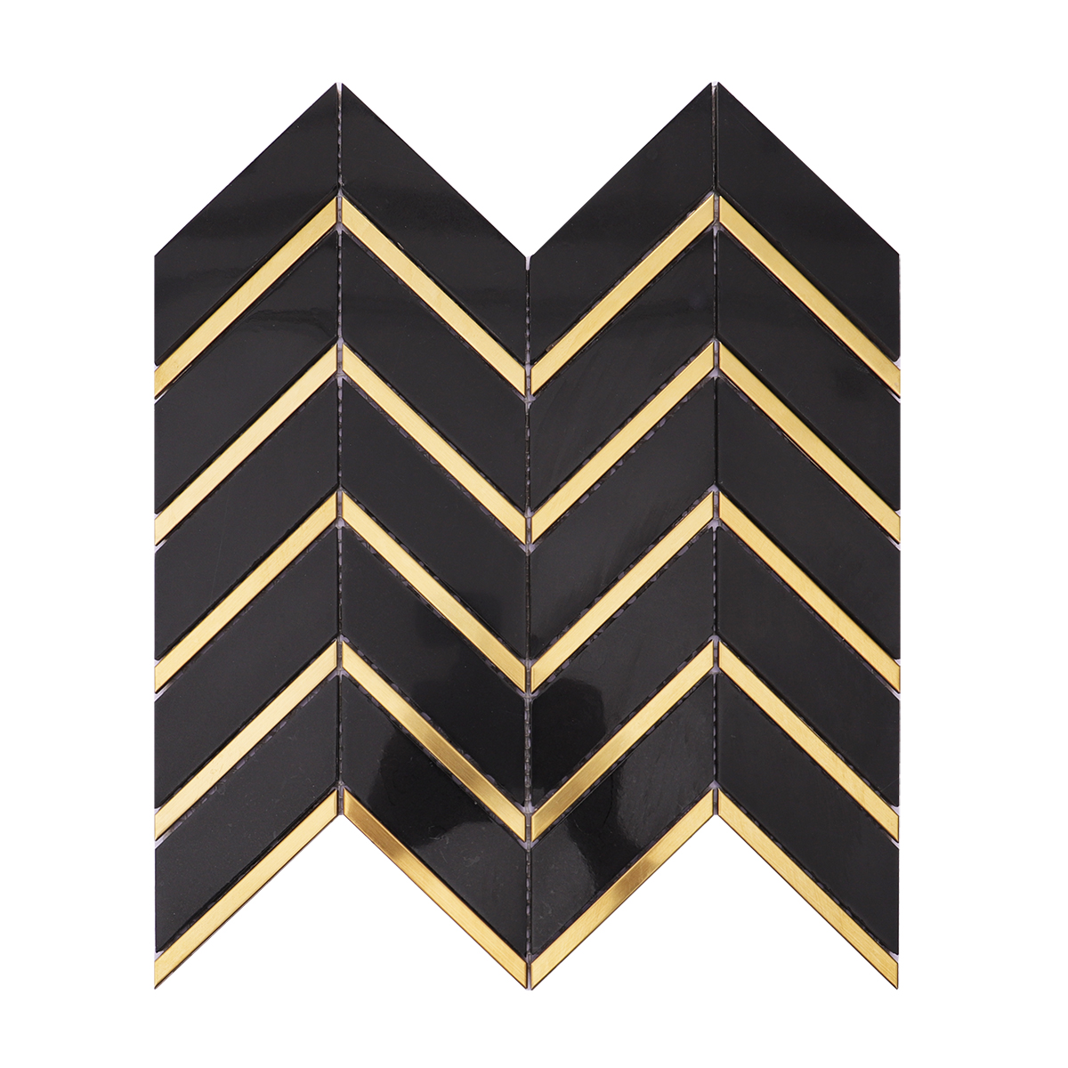 Full view of black marble and gold metal chevron mosaic tiles