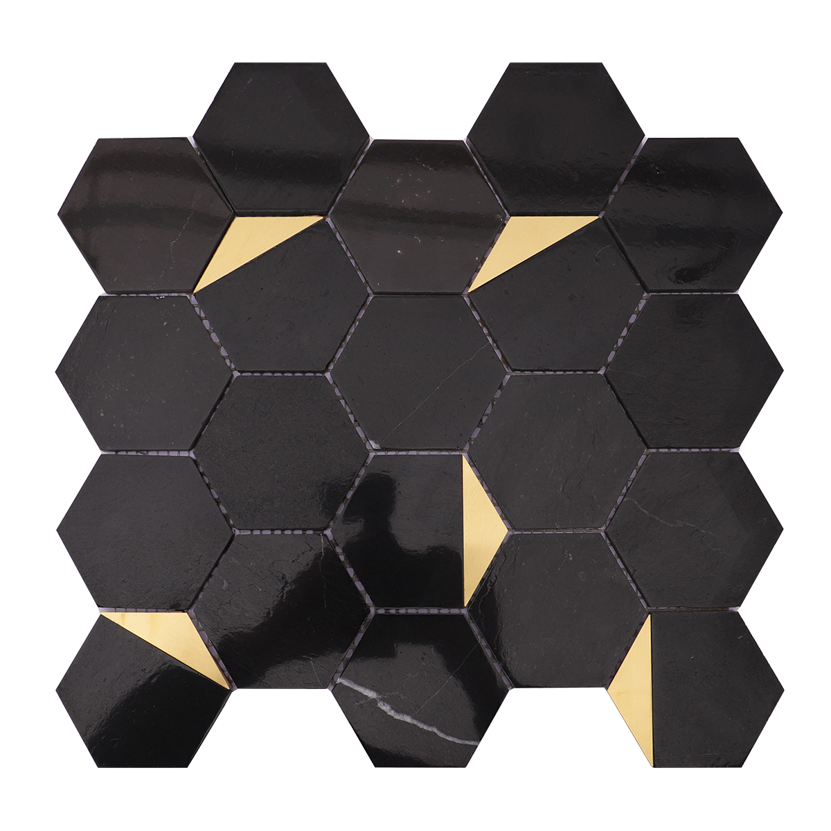 Full view of black and gold hexagon marble mosaic tiles.