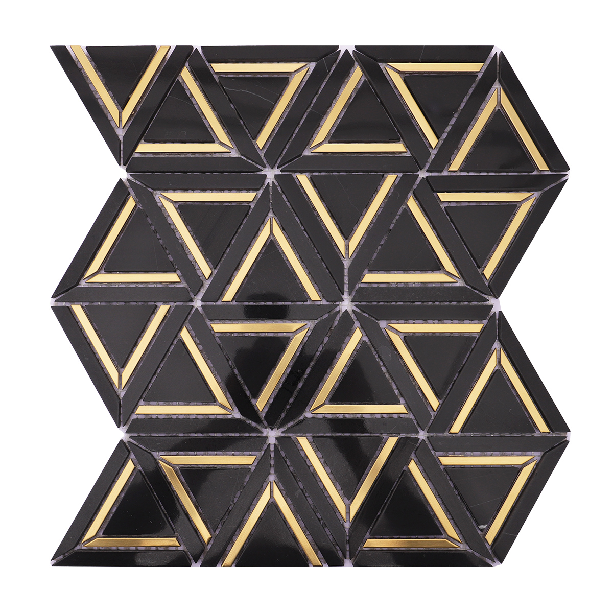 Full view of black and gold geometric triangle marble mosaic tiles.