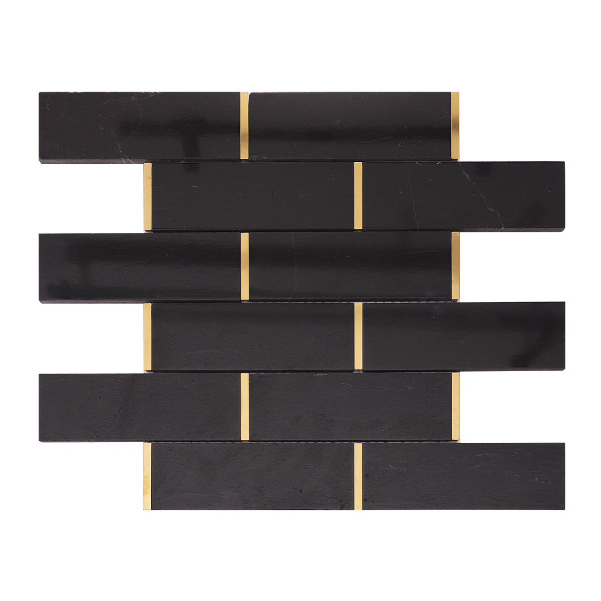 Full view of black and gold brick subway marble with metal mosaic tiles.