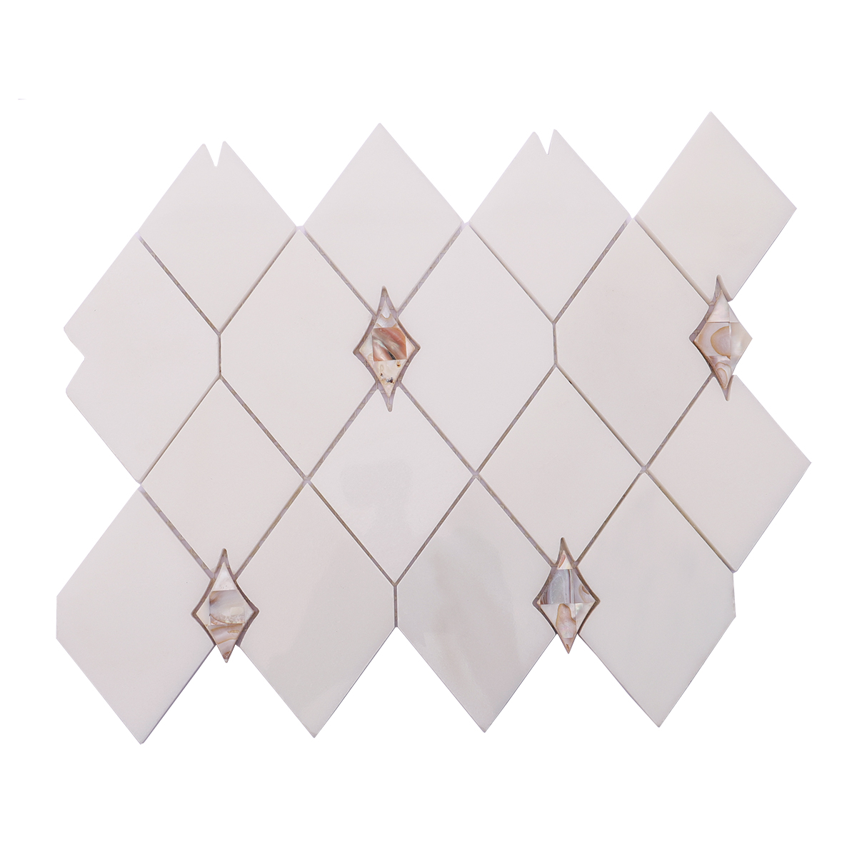 Full view of diamond shape white marble and mother of pearl mosaic tiles.