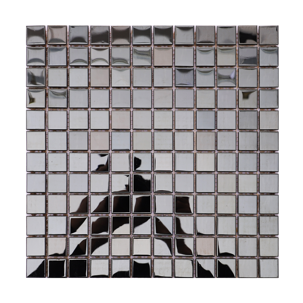 Full view of square mirror black stainless steel backsplash tile.