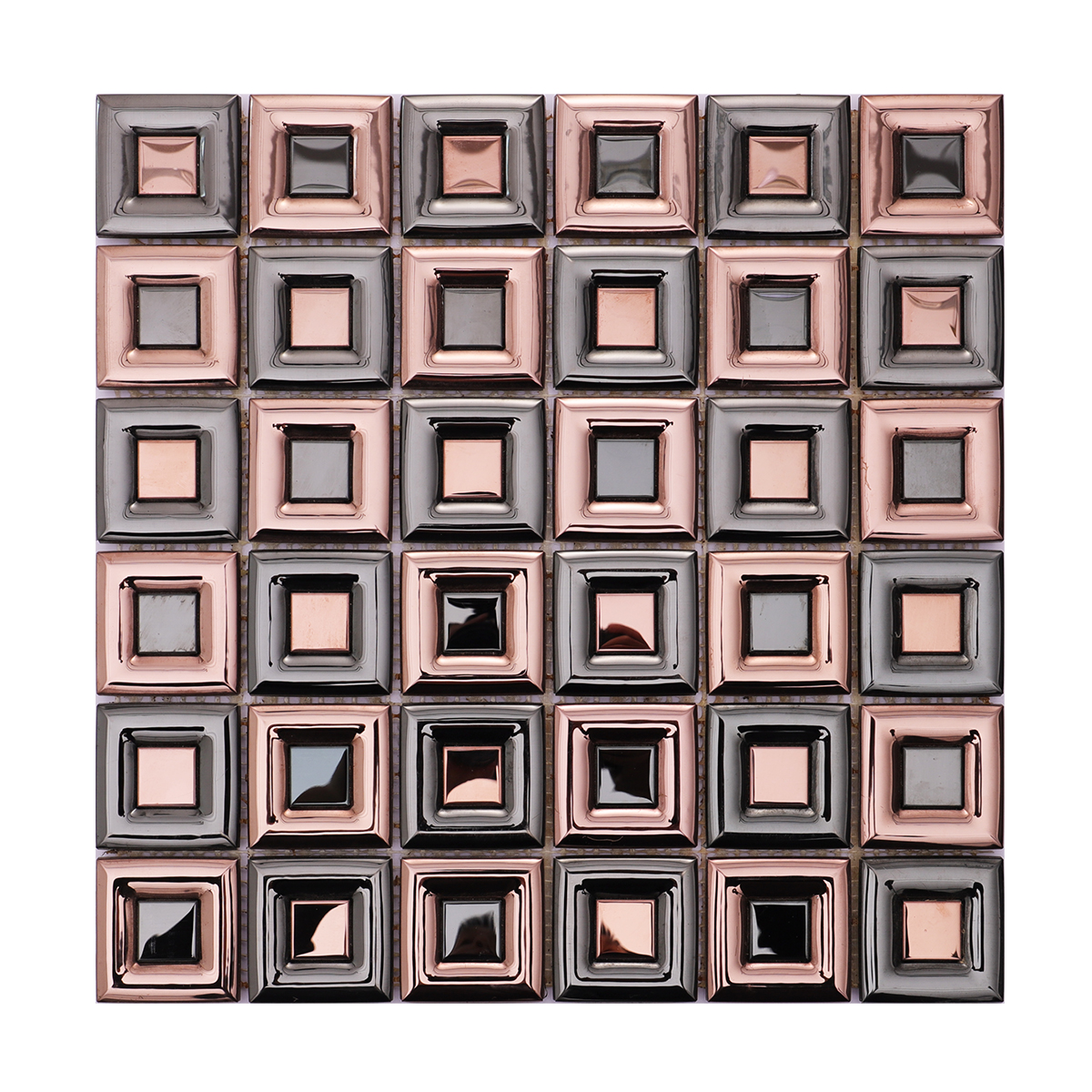 Full view of black and gold square stainless steel mosaic tiles.