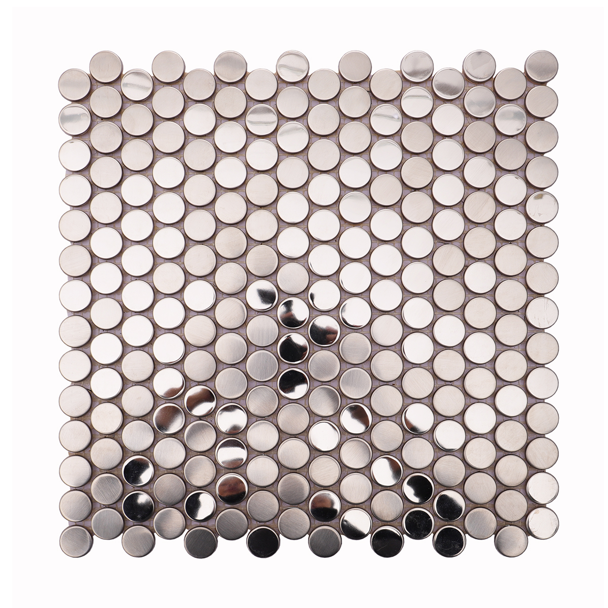 Full sheet of brushed and mirror silver penny round stainless steel mosaic tiles.