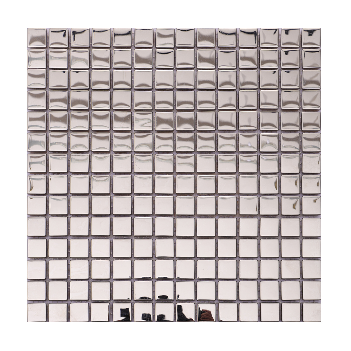 Full view of silver mirror square stainless steel mosaic tiles.