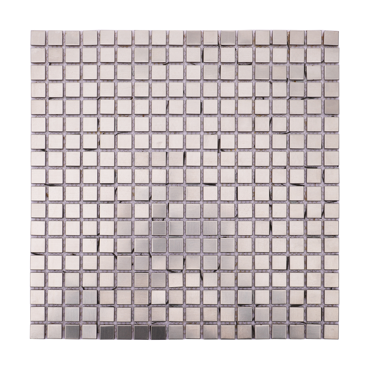 Full sheet view of brushed silver square stainless steel mosaic wall tile.