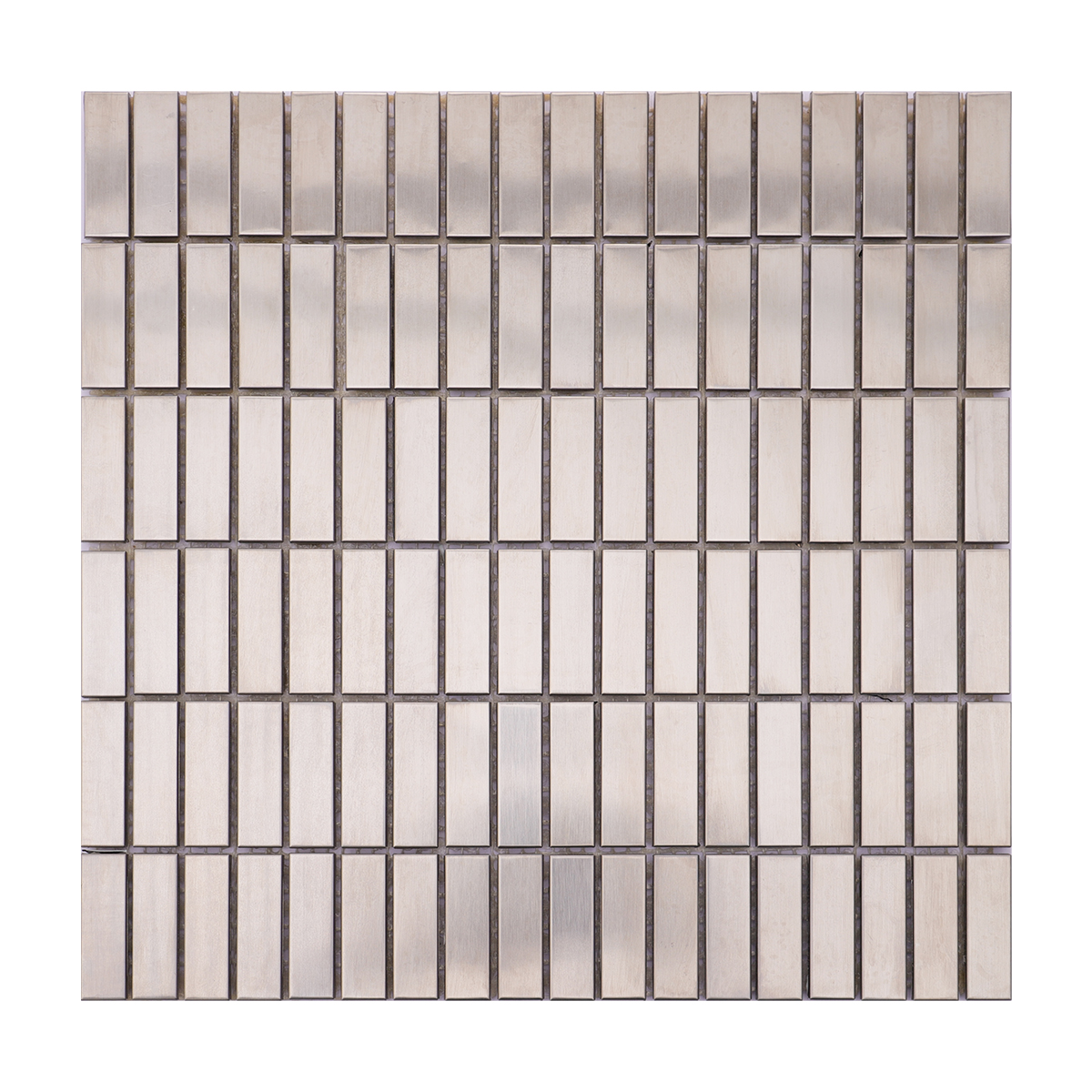 Full sheet view of silver brushed stainless steel rectangle mosaic tiles