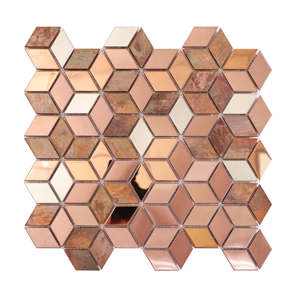 Full sheet of diamond-shaped stainless steel and copper cube mosaic tiles