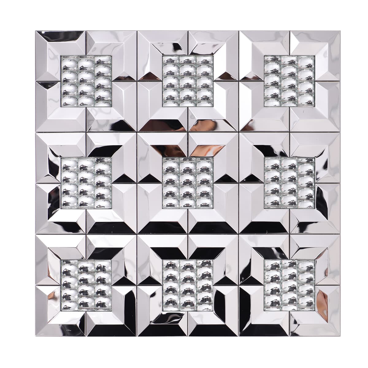 Front view of silver mirror metal mosaic tile with 3D pyramid pattern