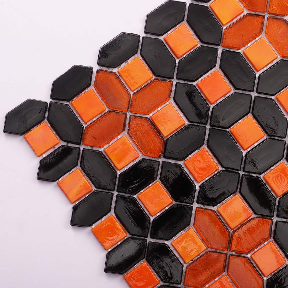 Picket and Square Design Orange & Black Glass Mosaic Backsplash Tiles