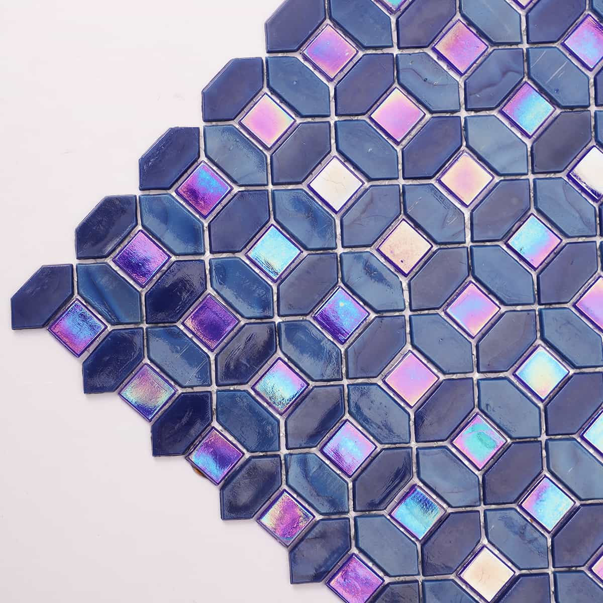 Iridescent  Picket and Square  Blue Glass Mosaic Tiles