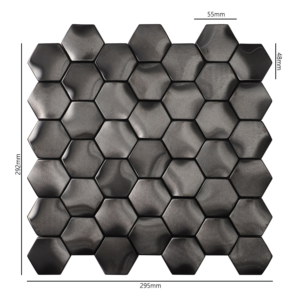 Obverse side of wavy 3D  black brushed hexagon mosaic tiles, showing size.
