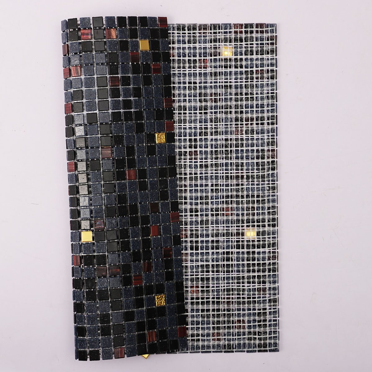 Rear folded view of black mixed glass micro mosaic tiles with gold.