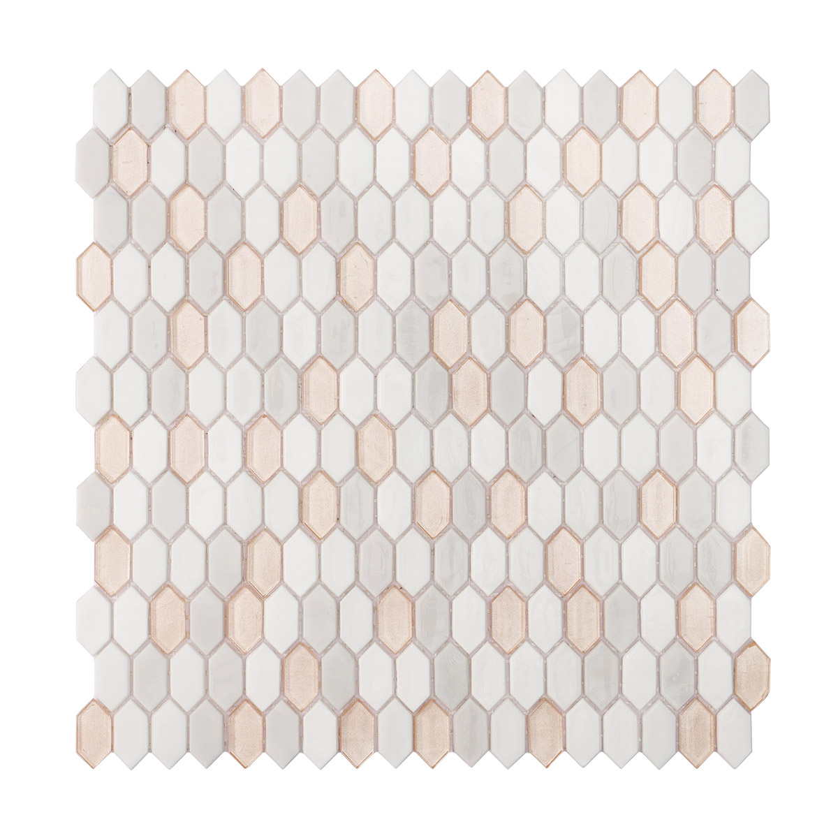 Obverse side of beige mixed fired earth glass mosaic picket tiles.