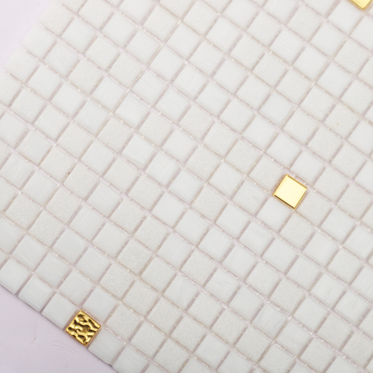 Pure White and Gold Square Glass Mosaic Tiles 10x10mm