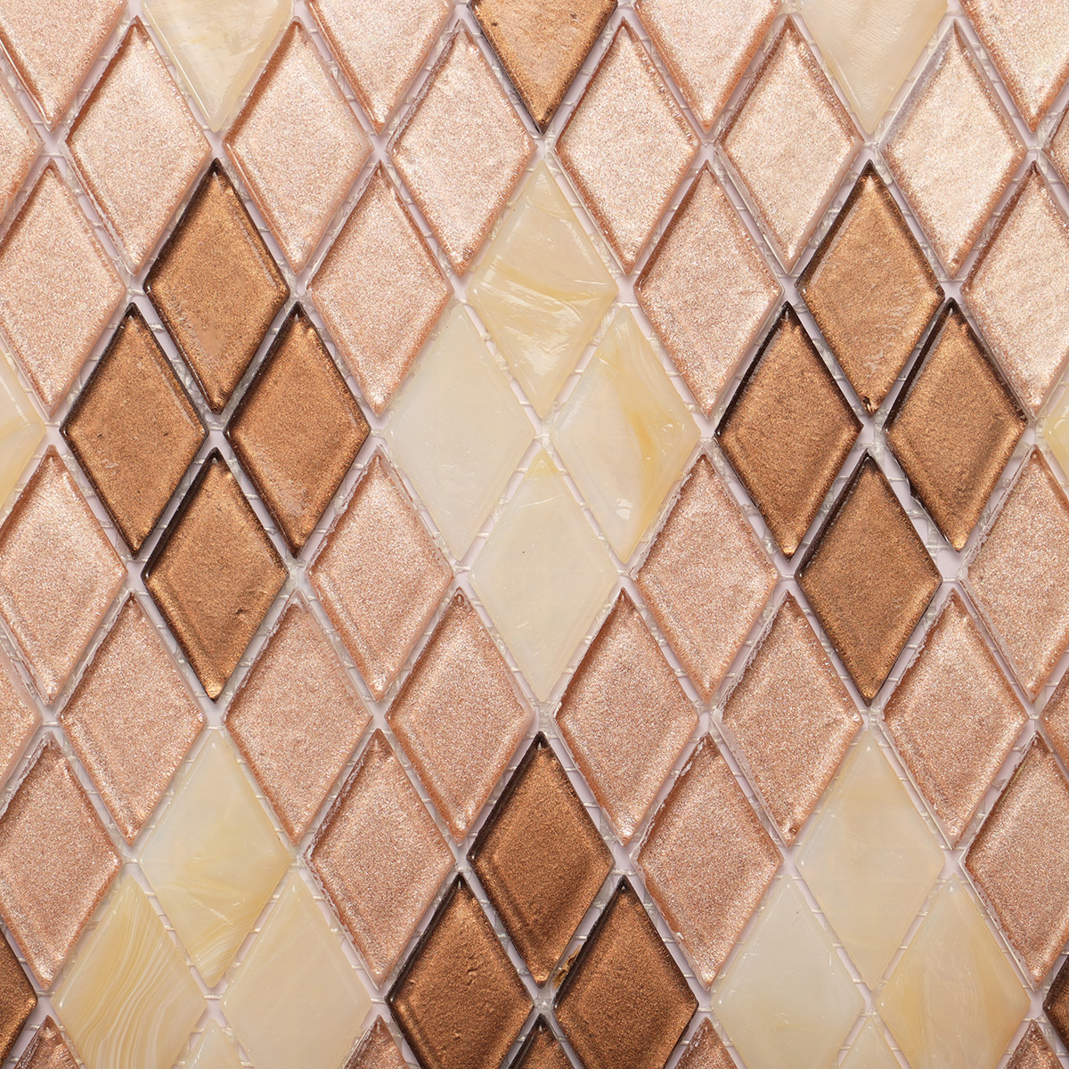 Second close-up of beige diamond-patterned glass mosaic tiles.